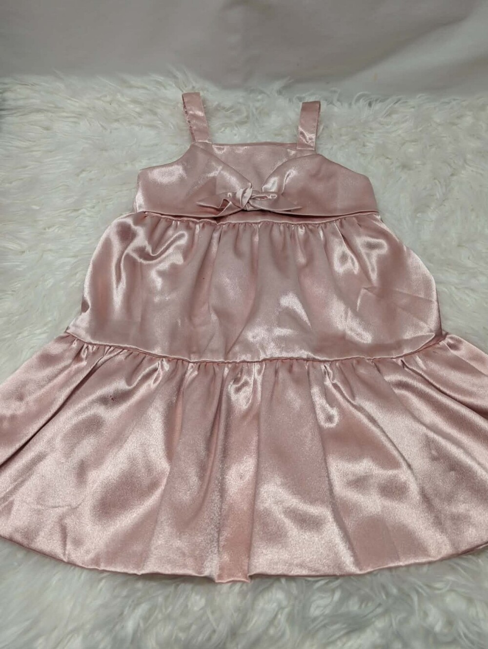 SHEIN Shimmery Pink Satin Tiered Bow Dress